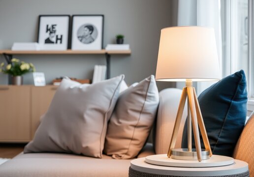 Close up of lamp on side table near sofa. Scandinavian home interior design of modern living room