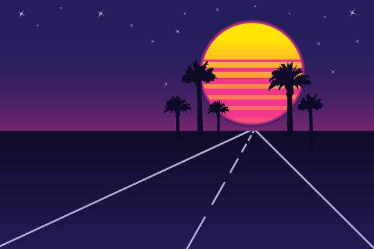 Retro vaporwave background with neon sunset, palm trees, and road under starry sky, evoking 1980s nostalgia and synthwave aesthetics. Nostalgia vector poster with copy space