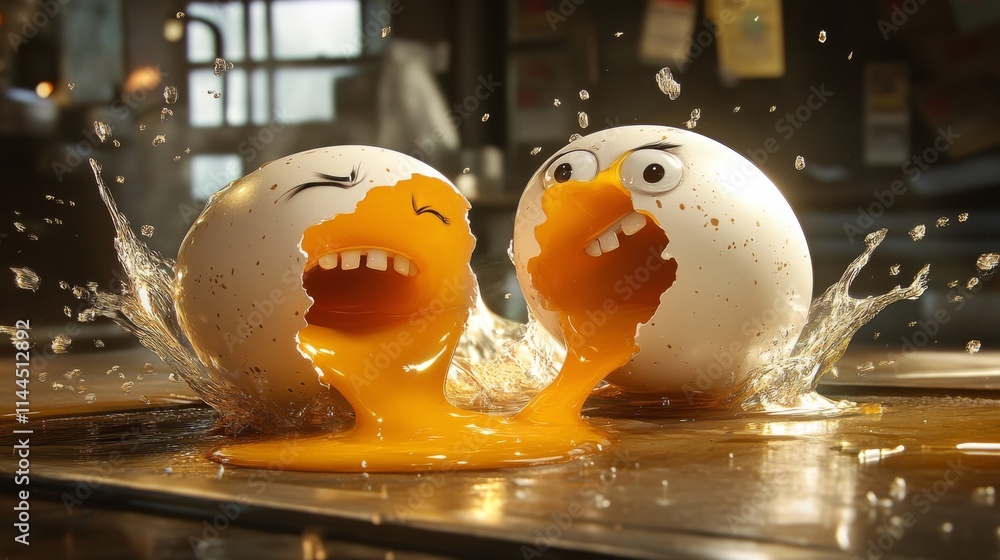 Poster two animated eggs with shocked expressions spilling golden yolks on a wooden surface, blending humor