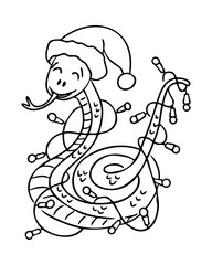 Cute outline snake illustration with Santa hat and Christmas lights, with playful and festive holiday theme. Vector hand drawn drawing isolated on white background for coloring pages
