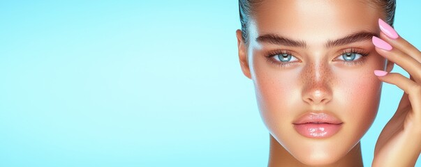 A close-up of a model with striking blue eyes and glossy lips, showcasing radiant skin against a light blue background.