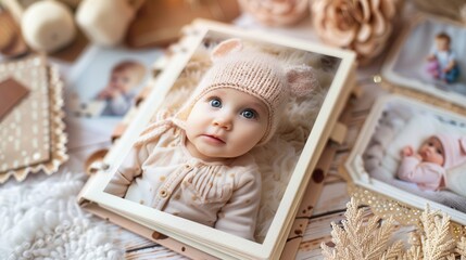 Fototapeta premium Cherishing moments captured in a baby photo album filled with joyful infant and childhood memories. Generative AI