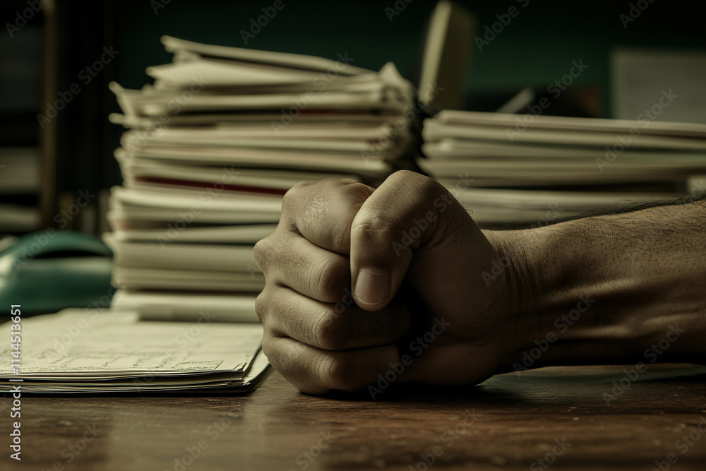 Poster a clenched fist rests on a desk surrounded by stacks of paperwork suggesting frustration and urgency