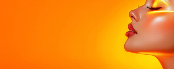 A close-up profile of a glowing face against a vibrant orange background, showcasing radiant skin and a serene expression.