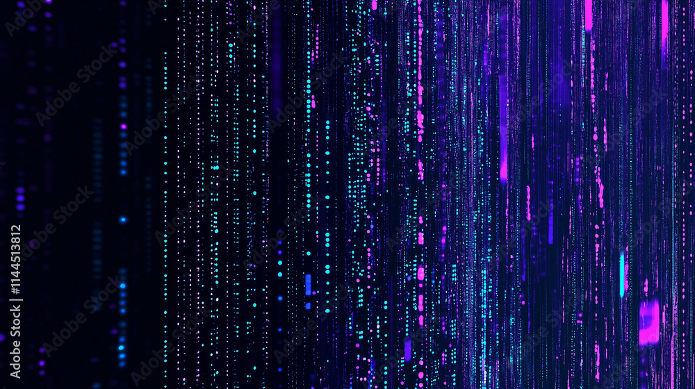 Poster Abstract digital art: Glowing blue and purple data stream on a dark background. Futuristic technology concept with neon light effects. Big data visualization, AI, machine learning, and quantum computi