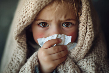 A close-up photo of a young child holding a tissue with a worried expression, wrapped in a cozy blanket, conveying a sense of vulnerability and discomfort