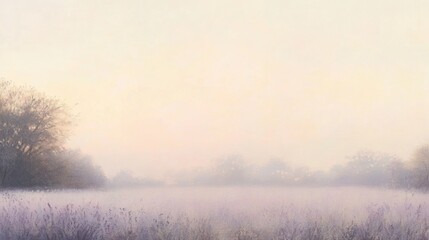 Obraz premium Serene field of lavender shades blending with a hazy pastel sky, framed by distant trees shrouded in mist, evoking a tranquil and dreamlike atmosphere of early dawn.