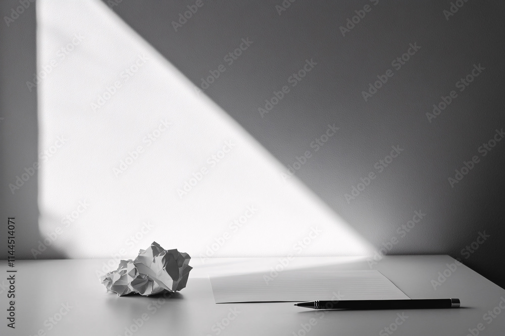 Poster a minimalistic photo features a crumpled piece of paper and a pen on a clean surface with soft light
