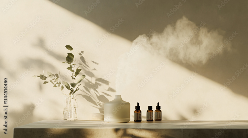 Aufkleber a minimalistic photo of an essential oil diffuser with bottles and a vase of greenery casting gentle
