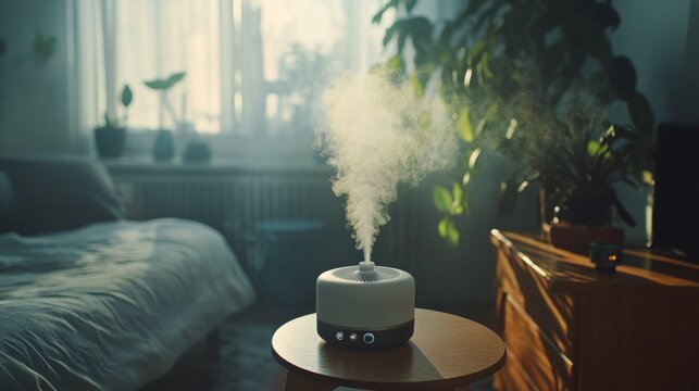 Aromatherapy diffuser releases calming mist in a serene bedroom setting with natural light and greenery