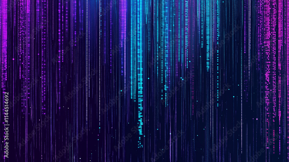 Poster Abstract digital art: Glowing blue and purple data stream on a dark background. Futuristic technology concept with neon light effects. Big data visualization, AI, machine learning, and quantum computi