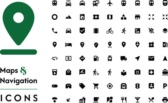 Location icon set. Containing map, map pin, gps, destination, directions, distance, place, navigation and address icons. Solid icons vector collection.