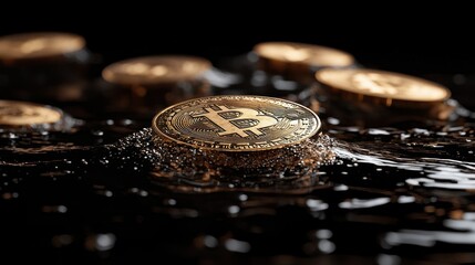 Bitcoin coins partially submerged in water.
