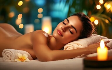 zrelaksowana, piękna, uśmiechnięta kobieta podczas wizyty w spa	