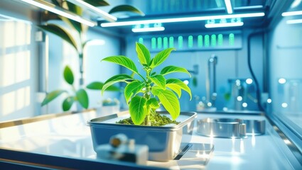 Greenhouse cultivation in a futuristic laboratory, blurred background