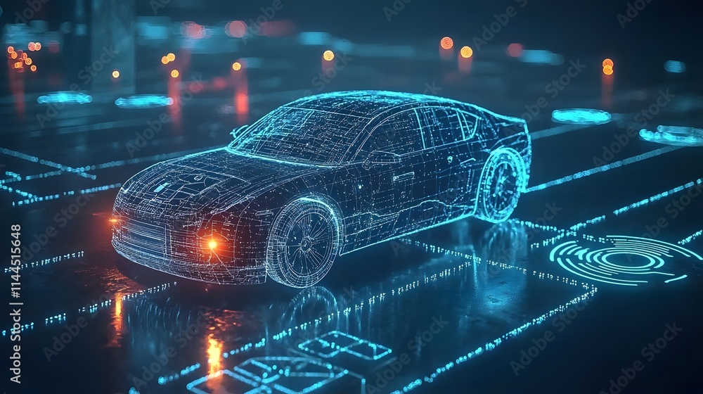 Poster a digital wireframe model of a car displayed on a futuristic interface.