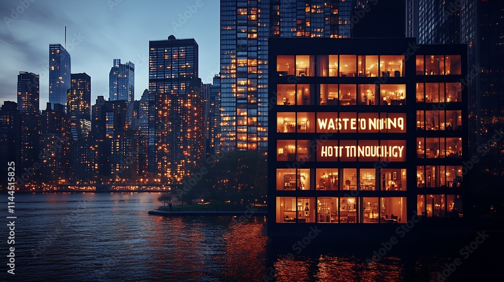 Poster scenic evening view of illuminated urban building by riverside with city skyline : generative ai