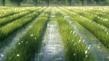 Obraz premium A lush rice paddy field with neat, under a bright, sunny sky, green rows stretching into the horizon. 