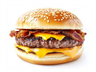 Cheeseburger with Melted Cheddar Cheese, Crispy Bacon, and Sesame Seed Bun Isolated on White Background