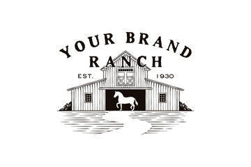 vintage barn illustration logo with horse silhouette © Ibnu