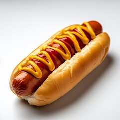 Classic Hot Dog with Mustard and Ketchup in a Soft Bun on White Background