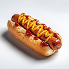 Classic Hot Dog with Mustard and Ketchup in a Soft Bun on White Background