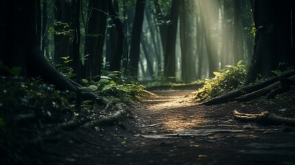 Obraz premium A forest path with ambient light, space to the left for design,generative ai illustration