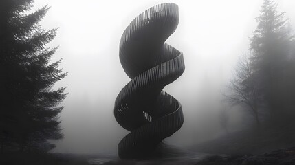 Spiral Sculpture in Misty Forest