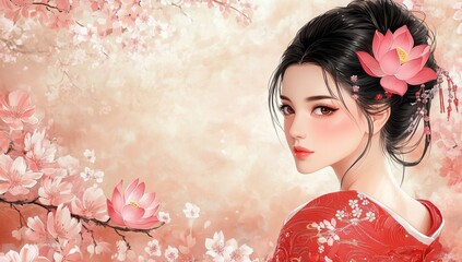Fototapeta premium Asian Woman amidst Cherry Blossoms and Lotus Flowers, a Serene Portrait