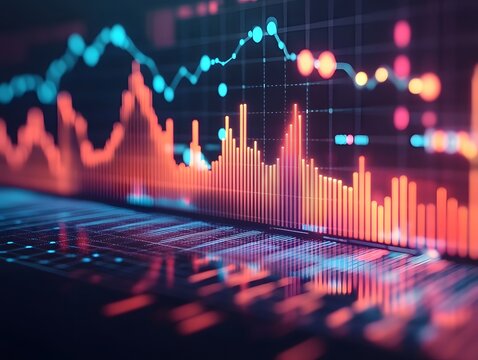 Abstract financial data visualization with fluctuating graphs and charts displayed on a digital screen. - Powered by Adobe