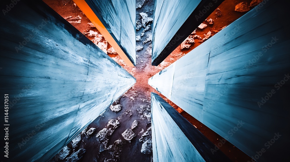 Aufkleber Abstract Architectural Structure with Dynamic Angles and Blue-Orange Contrast : Generative AI
