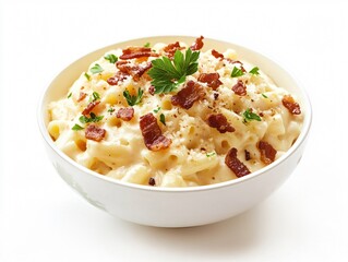 Mac and Cheese with Crispy Bacon Bits and Parsley Garnish, Isolated on White