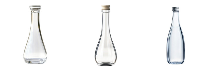 Set of A clear glass water bottle with water droplets on transparent png background
