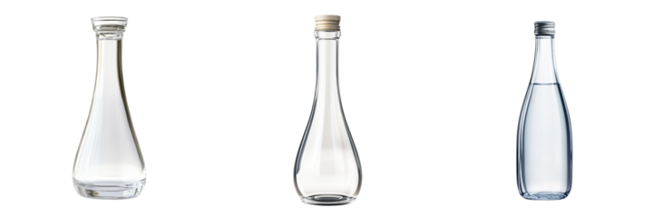 Set of A clear glass water bottle with water droplets on transparent png background