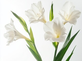 close up of white gladiolus flowers with green leaves