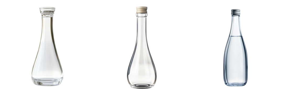 Set of A clear glass water bottle with water droplets on transparent png background - Powered by Adobe
