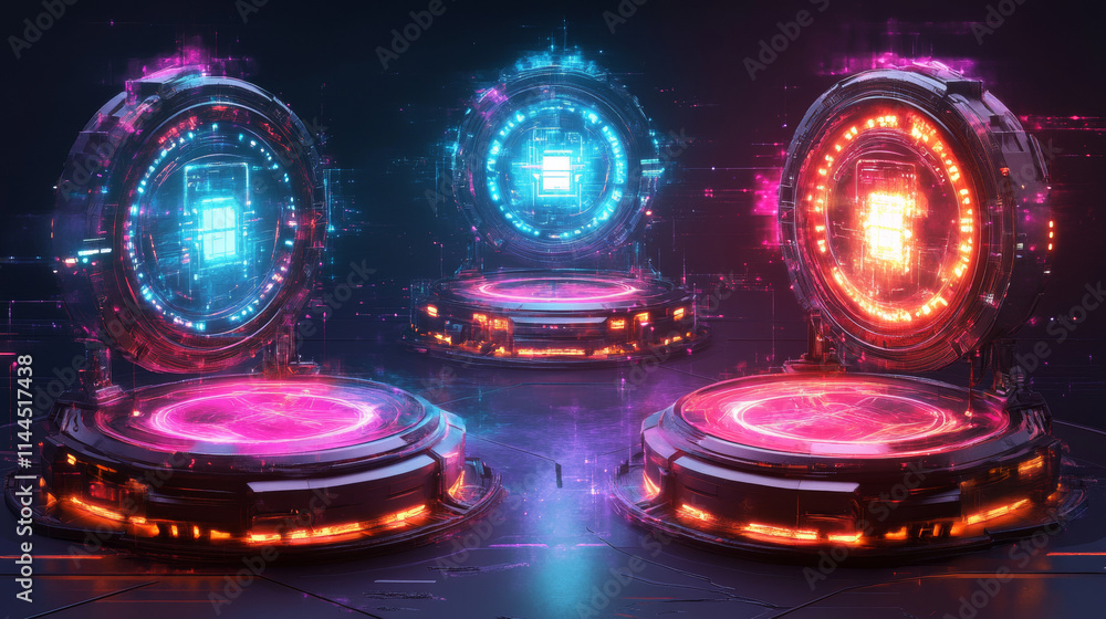 Poster purple hi tech portal with neon light glow effect for game ui design. realistic 3d vector illustrati