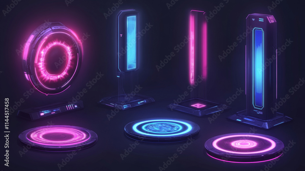 Poster purple hi tech portal with neon light glow effect for game ui design. realistic 3d vector illustrati