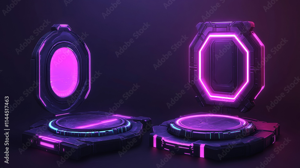 Poster purple hi tech portal with neon light glow effect for game ui design. realistic 3d vector illustrati