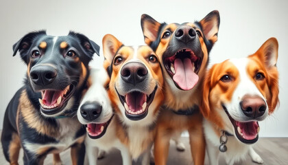 Four dogs are standing in a row, all of them smiling