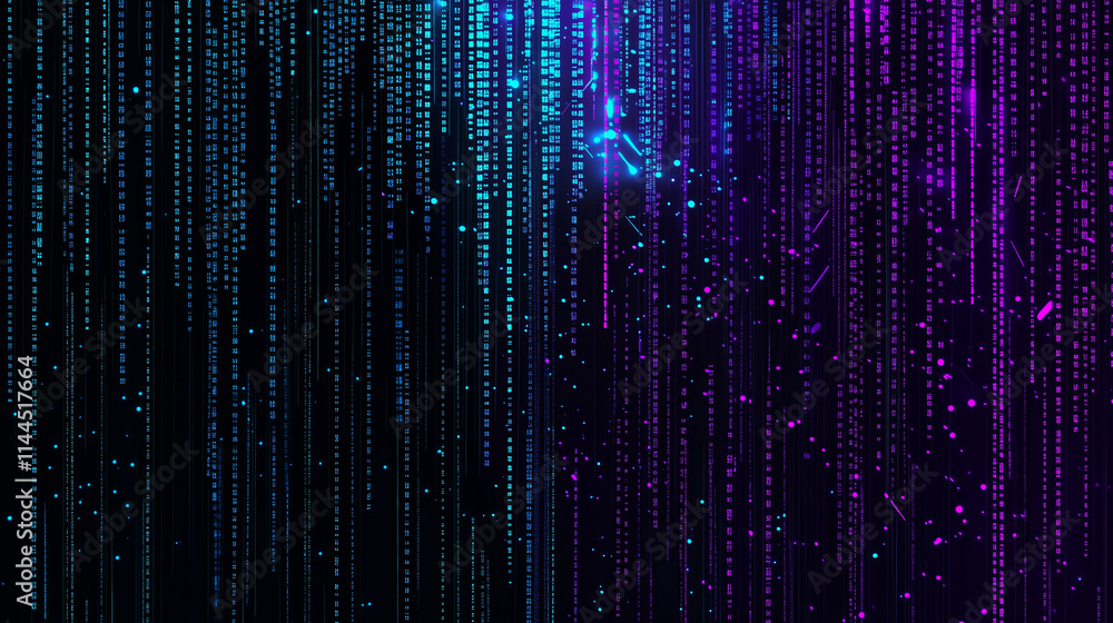Poster Abstract digital art: Glowing blue and purple data stream on a dark background. Futuristic technology concept with neon light effects. Big data visualization, AI, machine learning, and quantum computi