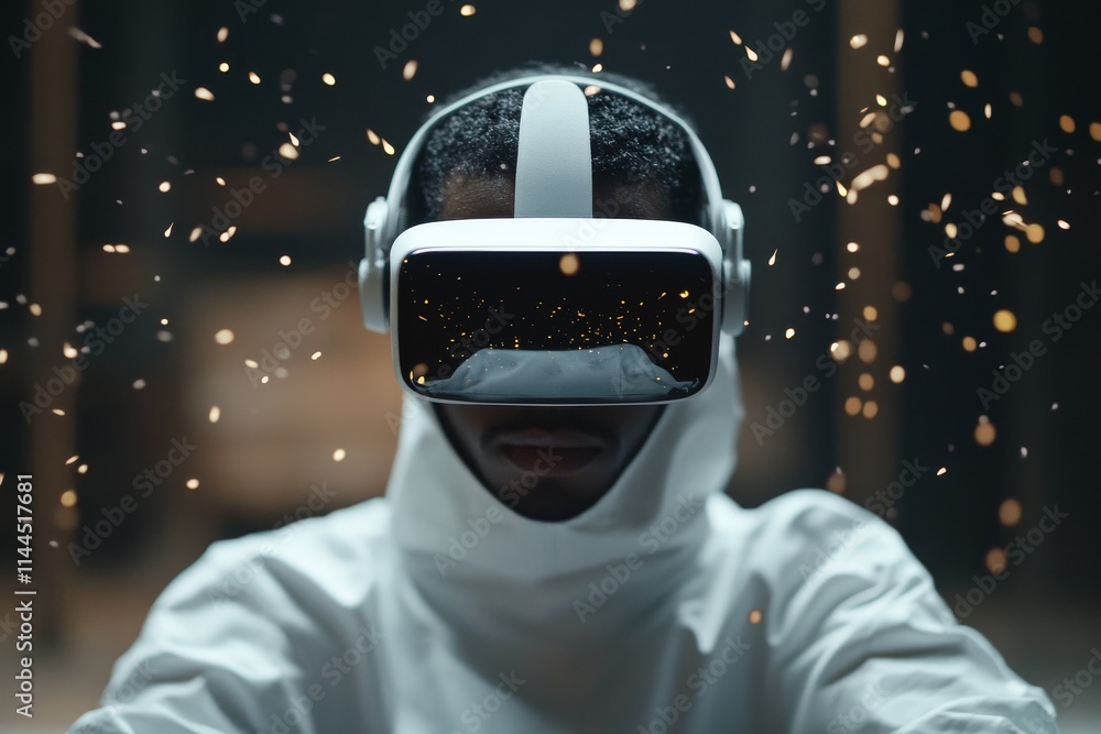 Poster person engages in virtual reality experience while wearing a headset in a dimly lit environment with