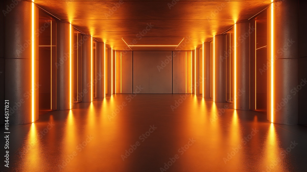 Poster futuristic tunnel with dramatic orange neon lights reflecting on glossy floor : generative ai