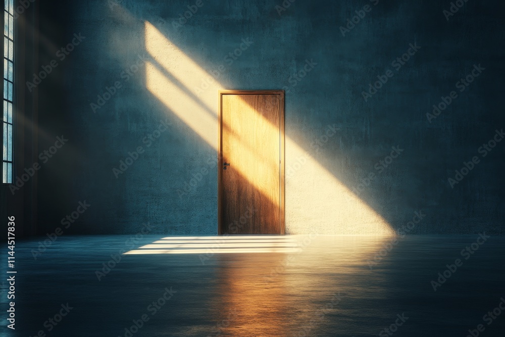 Poster light beams illuminate an empty room with a wooden door in a minimalistic design setting