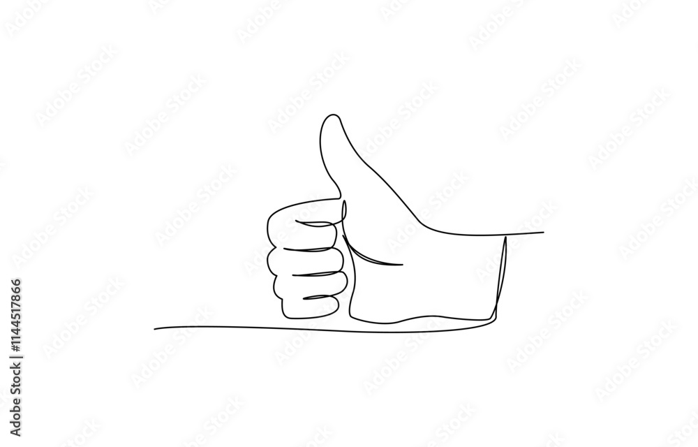 Poster one continuous line drawing of like hand showing thumb up, continuous line drawing of like icon. thu