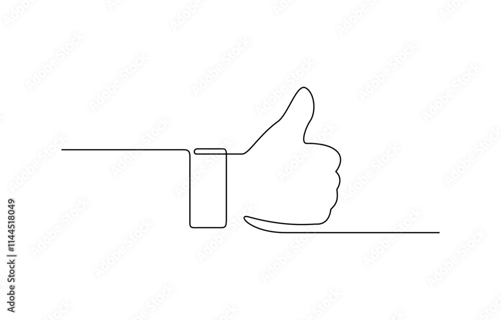 Poster one continuous line drawing of like hand showing thumb up, continuous line drawing of like icon. thu