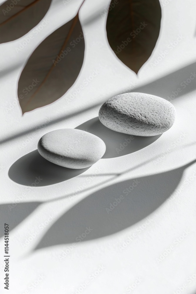 Aufkleber two smooth white stones casting shadows on a light background with green leaves creating patterns in