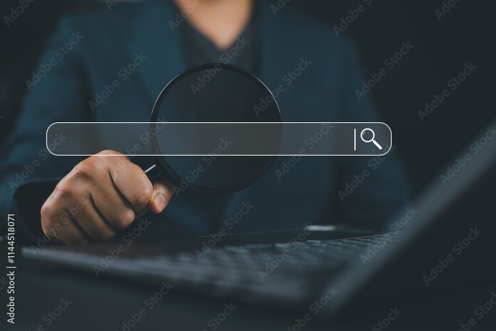 Poster Businessman using a laptop show a search bar. Concept of keyword search engines, SEO optimization, tool digital online. A website to find a job and career on the internet, web browser information
