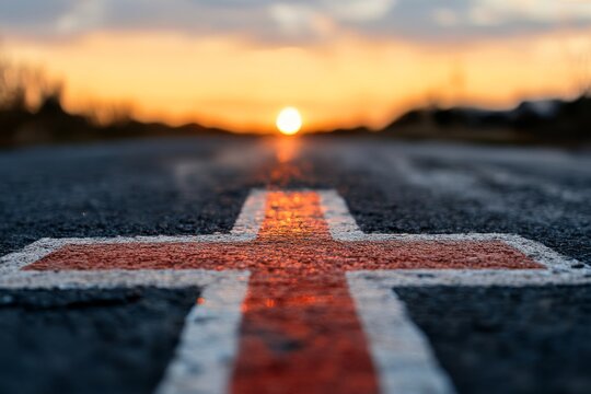 Sunset over a rural road with a brightly painted cross symbol marking the path