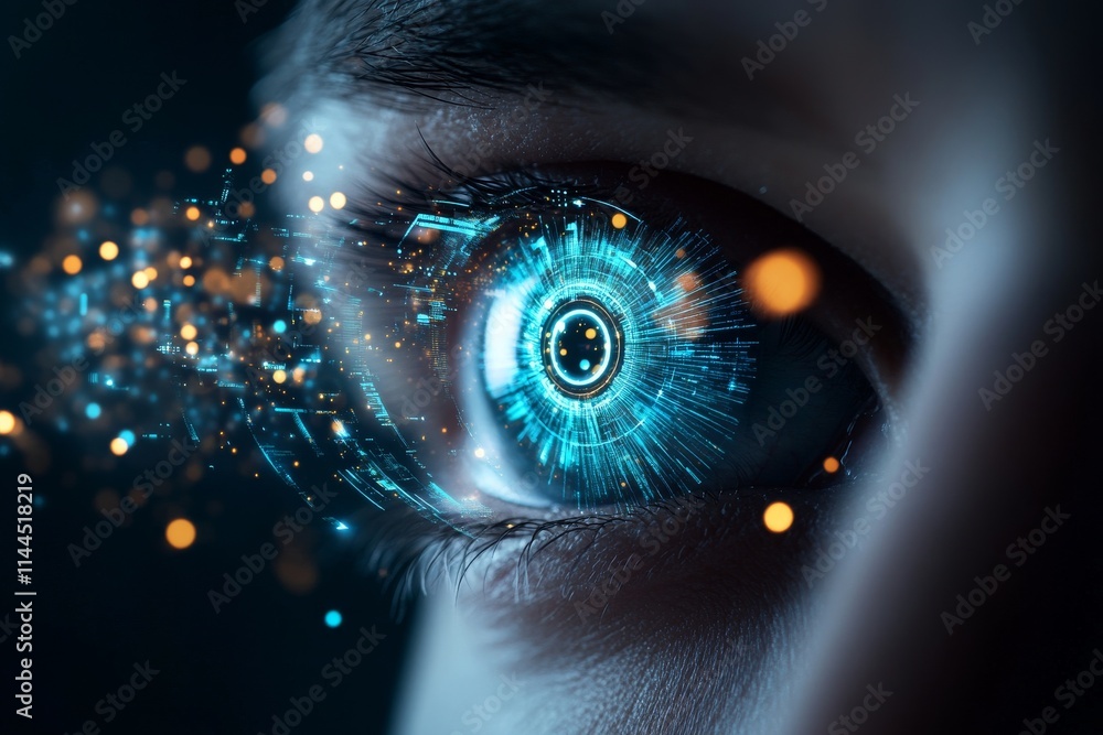 Poster digital eye displaying futuristic technology and glowing circuits in a close-up view